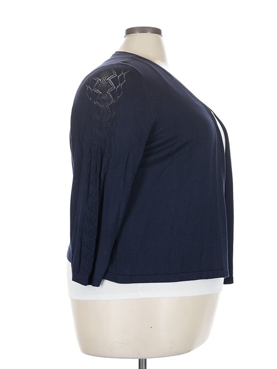 CJ Banks Sweaters - CJ Banks Navy Open-Front Cardigan with Lace-Detail Sleeves